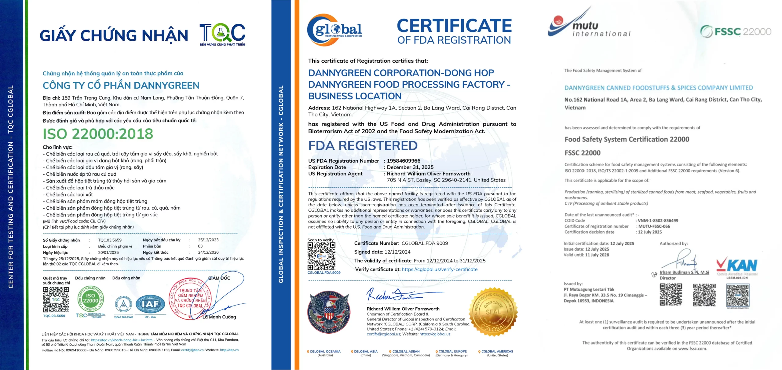 Chứng nhận FDA (Hoa Kỳ), ISO 22000 và FSSC 22000