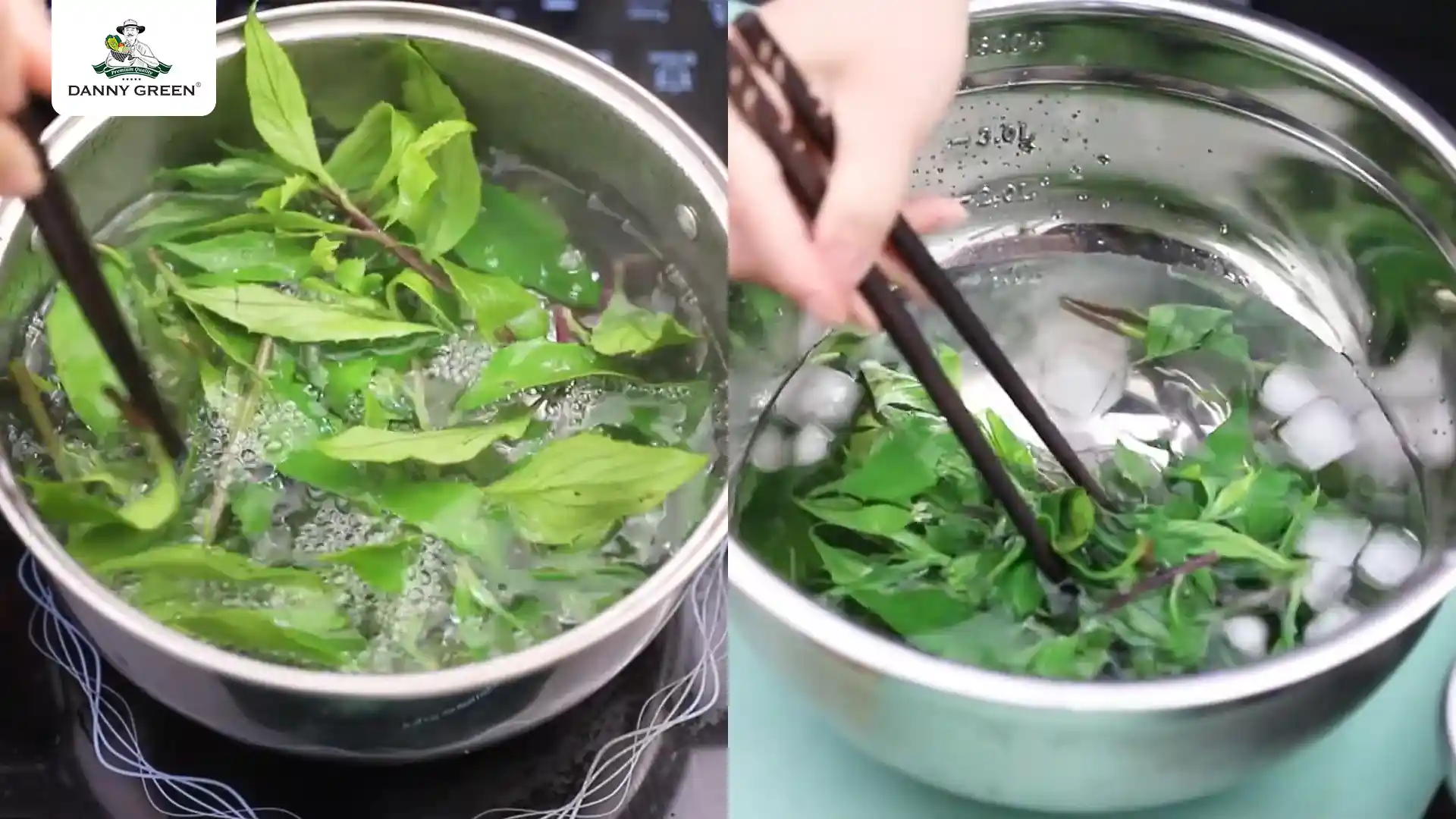 Chần sơ rau bầu đất và ngâm với nước đá lạnh
